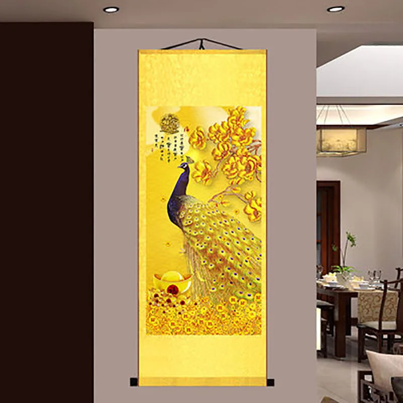 Chinese Elegant Peacock and Phoenix Painting Wall Art, Hanging Scroll, Living Room, Corridor Decoration