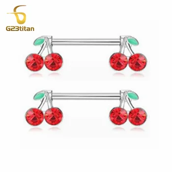 2pcs 14G Titanium Barbell Sweet Cute Cherry Shaped Zircon Breast Ring For Women Body Piercing Sexy Nipple Ring Jewelry Ornament