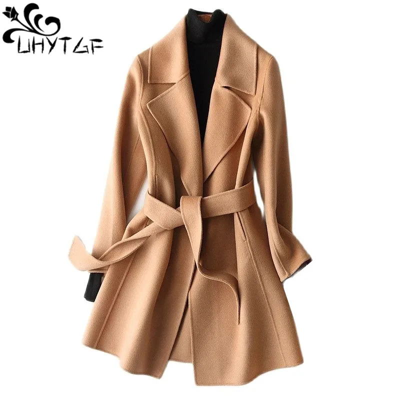 

UHYTGF 100% Wool Coat Women High-End Double-Sided Cashmere Jacket Female Fashion Belt Cardigan Autumn Woolen Outewear Women 2764