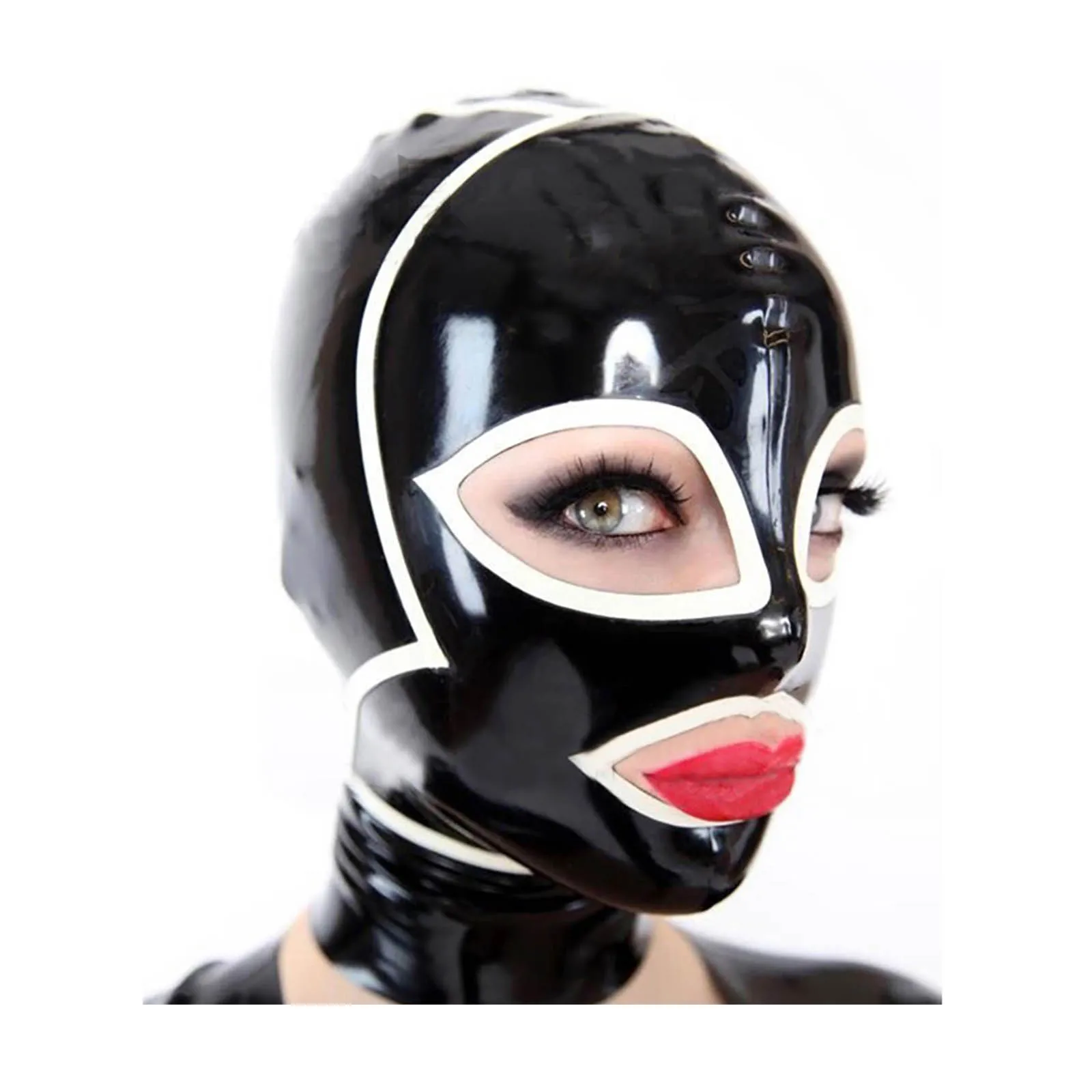 MONNIK Latex Mask Rubber Hood with Back Zipper for Catsuit Party Wear Black and White Stripes Handmade mysterious exotic beige white women handmade customize latex hoods mask back zipper zentai goggles masks hood eye