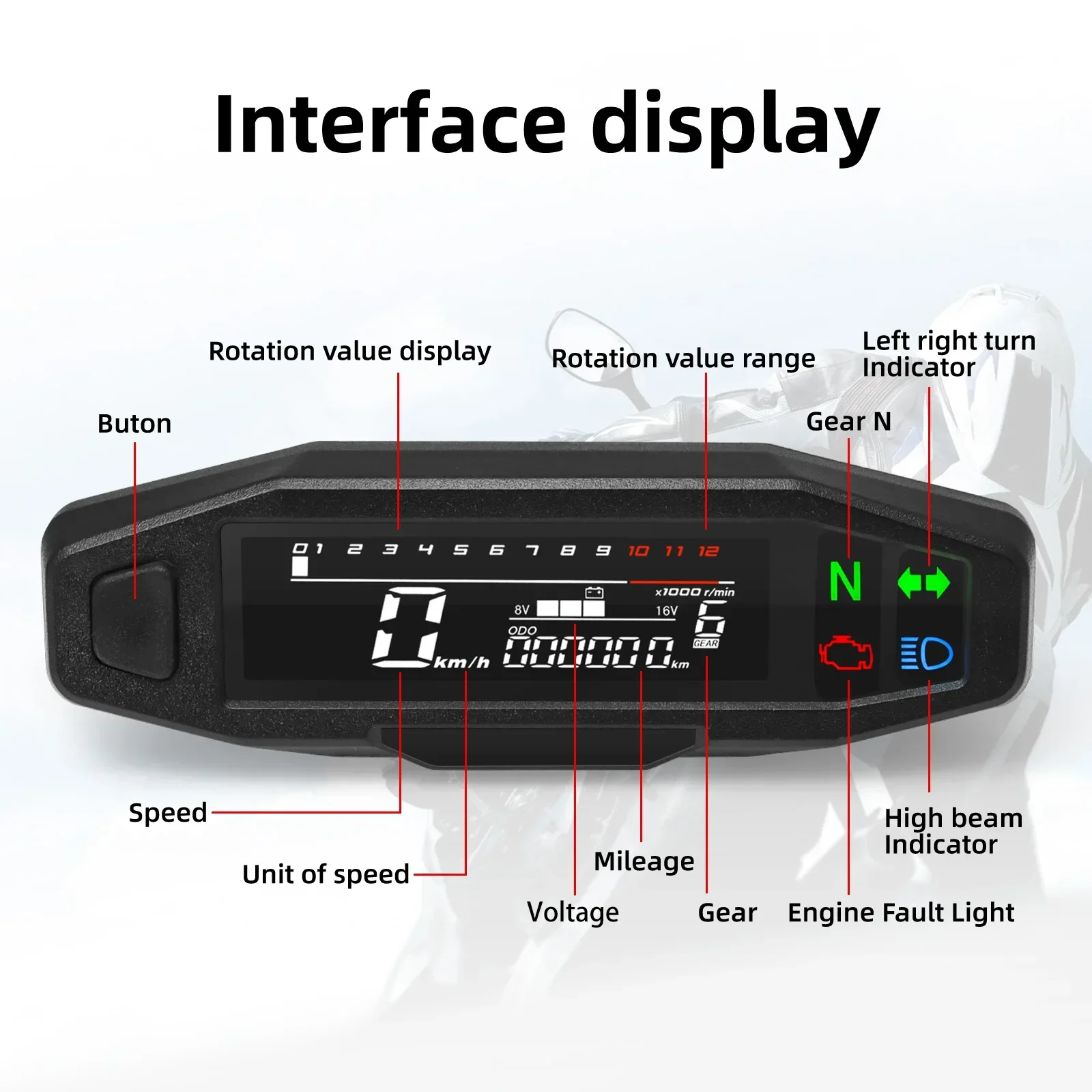 Motorcycle Speedometer Digital Dashboard 12000 RPM Tachometer Speedometer with ODO/TRIP & Turn Signal Indicator Universal LCD Panel