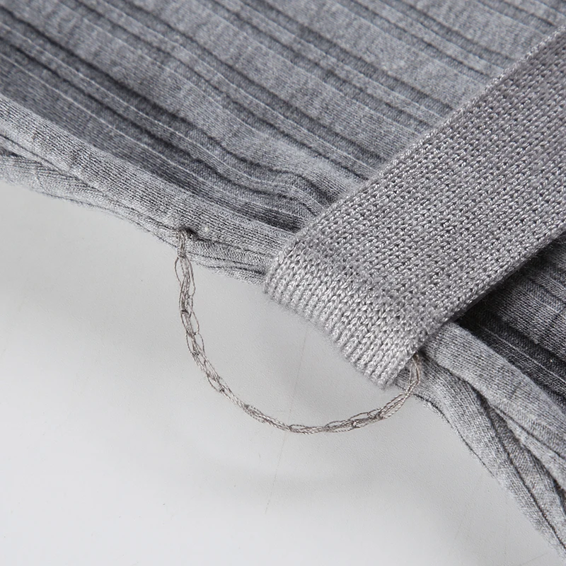 Gray Ribbed Slim Basic Long Sleeve Tee With Belts Contrast Patchwork Turn Down Collar Pullover Top T Shirt Women Autumn Winter