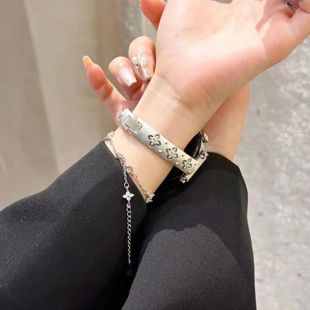 Slim Four-Leaf Flower Bracelet Strap - Elegant Metal Band