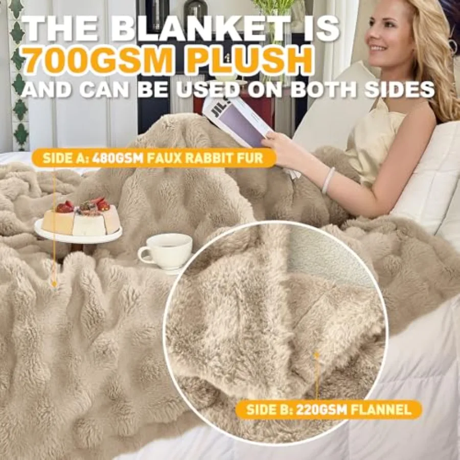 Faux Fur Light Camel Throw Blanket for Couch Super Soft Heavy Fluffy Thick Bubble Throw Blankets for Bed Bedroom Living Room Fa