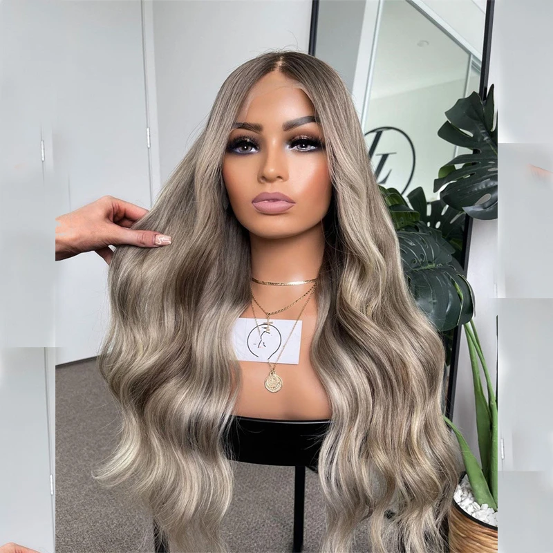 Synthetic Wig Lady Ash Grey Highlight Blonde Lace Front Balayage Body Wave PrePlucked Hairline Heat Resistant