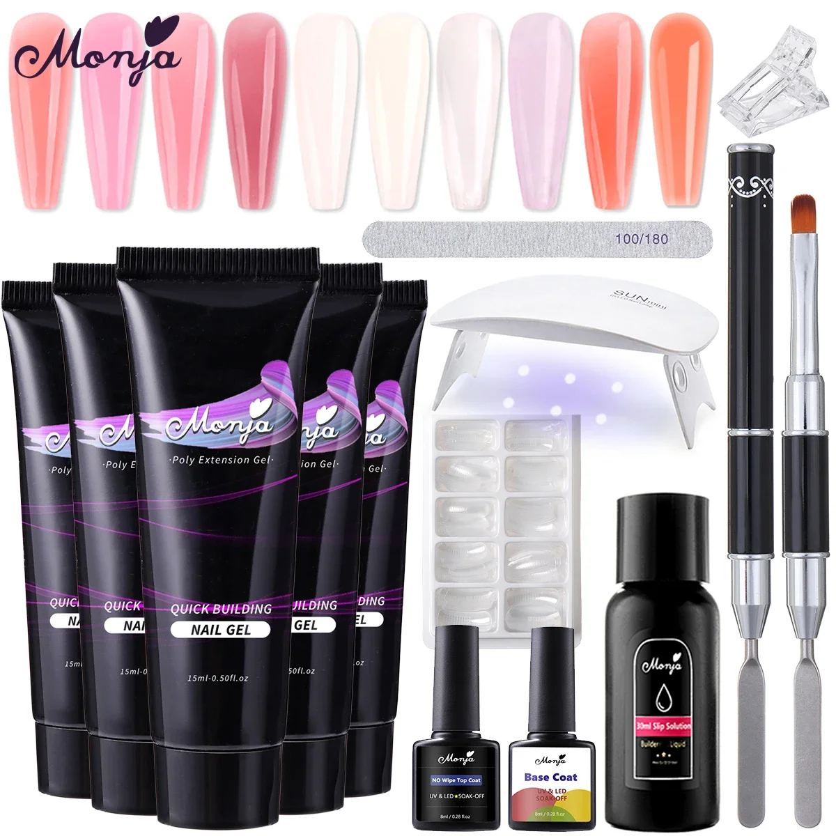 

Monja 9 Pcs/Set Nail Dryer Extension Kit Base Top Coat UV Gel Cure Lamp Slip Solution Mold Brush File Manicure Strengthen Tools