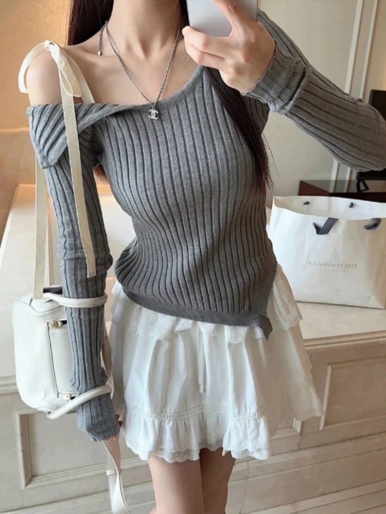 

Sexy Slim Knitted Pullover Women Off Shoulder Lace-up Long Sleeve Street Female Thin Sweater 2024 Spring All-match Lady Top