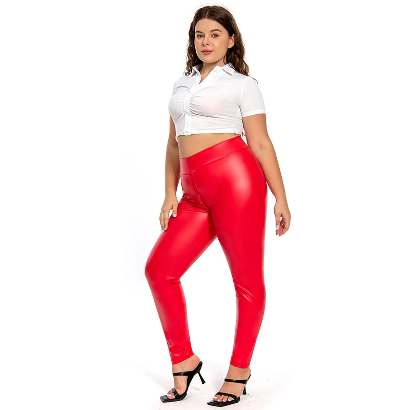 Exotic Bodycon Wet Look Open Crotch Pants Red Matte Leather Plus