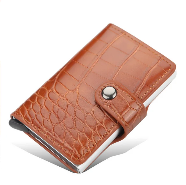Blocking Vintage Men Credit Card Holder Aluminum Alloy Business ID Card Case Automatic Male Metal Leather Cardholder Wallet 2021 brown 3