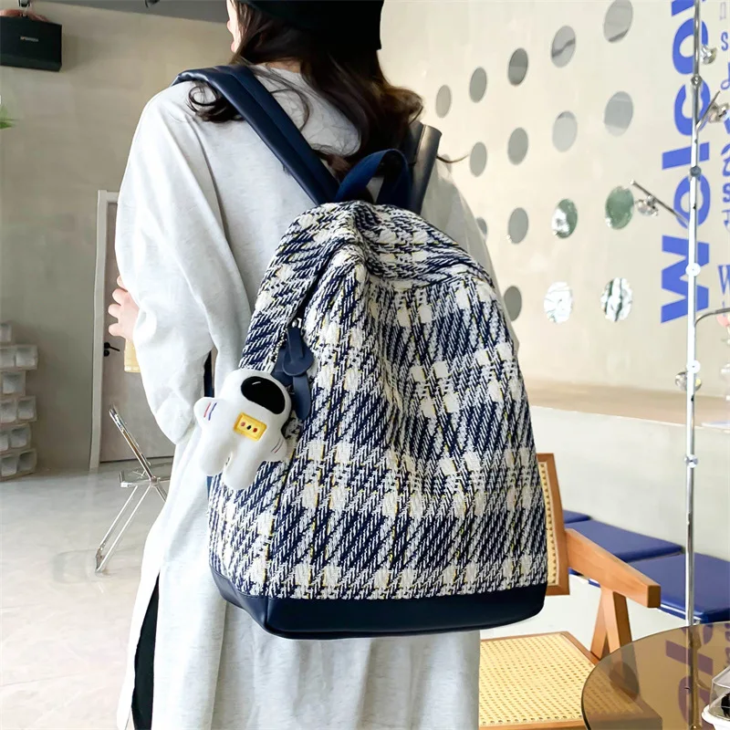 

Striped Corduroy Backpack Women Fashion Pleats Korean College Student Backpack