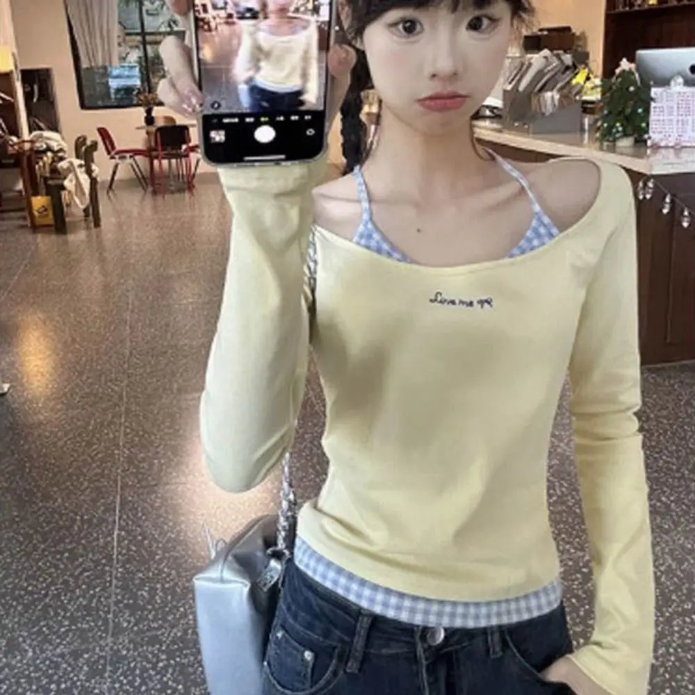 Ins Style Blue Grid Long Sleeve T-shirt Simple Lace Slim Thin Pullover Bottoming Shirt Undershirt Crop Top Women Y2k Autumn