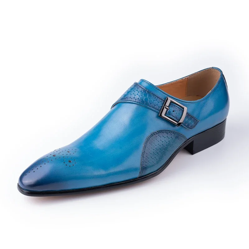 Men Loafer Shoes Elegant Dress Formal Suit Breathable Leather Shoe No Slip Handmade Monk Adult Footwear Blue Black
