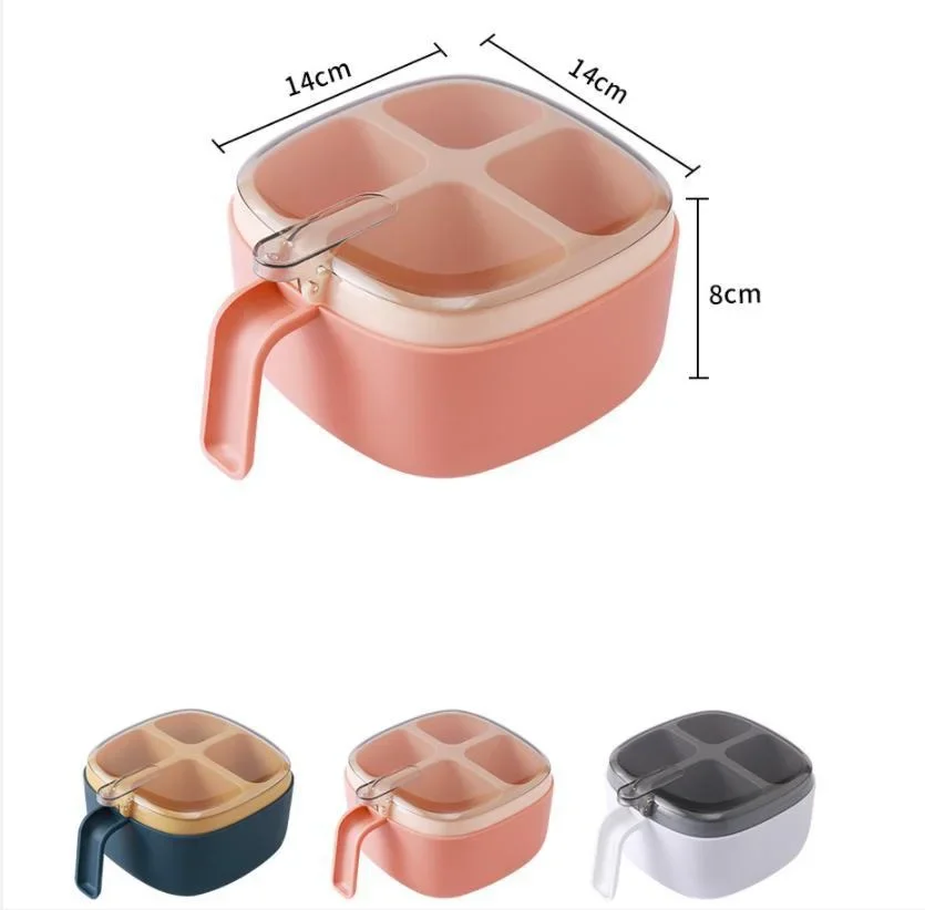 Multi Functional Four Grid Integrated Transparent Condiment Box Detachable Condiment Storage Tank Dust-Proof Kitchen Supplies