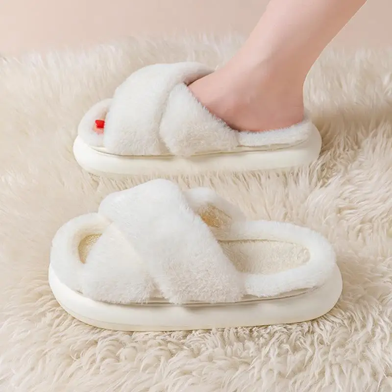Fluffy Slippers Women House Flats Fashion Designer Winter Shoes Ladies Indoor Casual Plush Platform Footwear Elegant Large Size