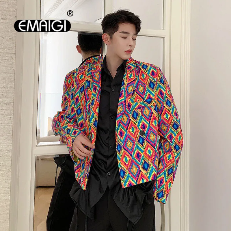 Men's Vintage Pattern Fashion Print Casual Short Suit Jacket Blazer Spring Autumn Male Women Japan Korea Style Coat Outerwear