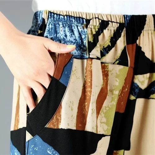Summer New Middle-aged And Elderly Women's Floral Printed Casual Straight Trousers High Waisted Elastic Mother's Pants
