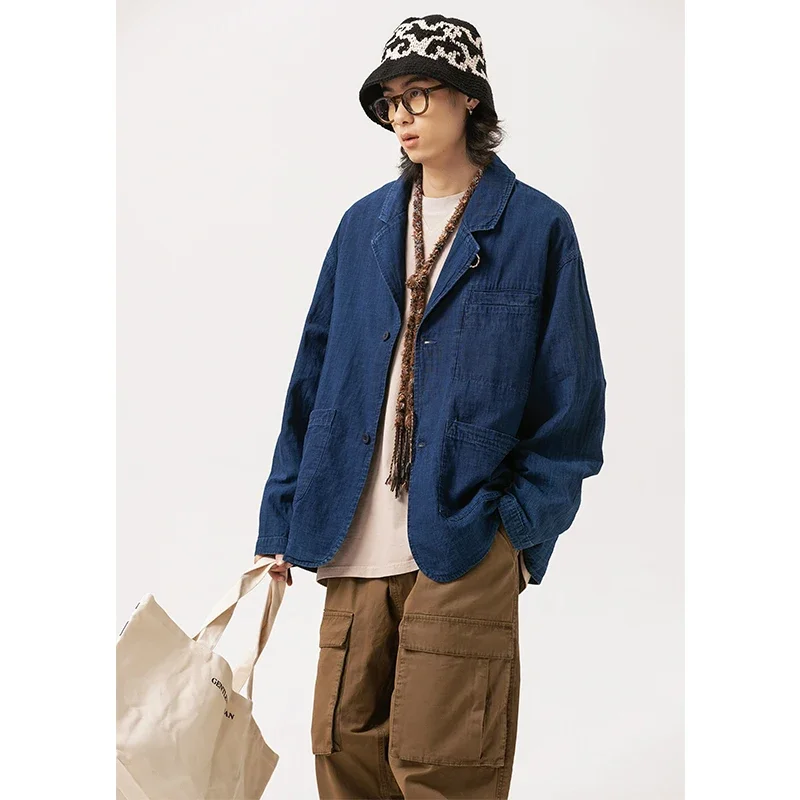 Men Japanese Streetwear Loose Casual Vintage Pure Cotton Denim Blazers Suit Jacket Korean Jeans Coat Outerwear