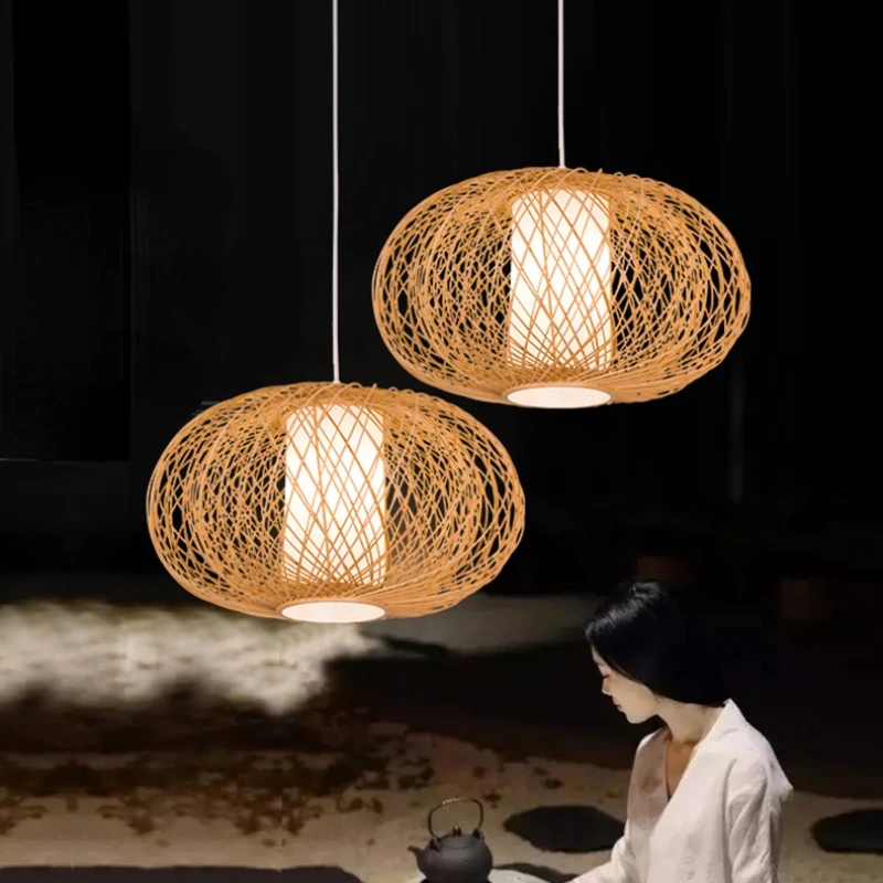 

Chinese Pastoral Bamboo Lamp Chandelier Southeast Asia Rattan Hanging Light Cover Creative Kitchen Lamp Tea Woven Suspendu Lamp