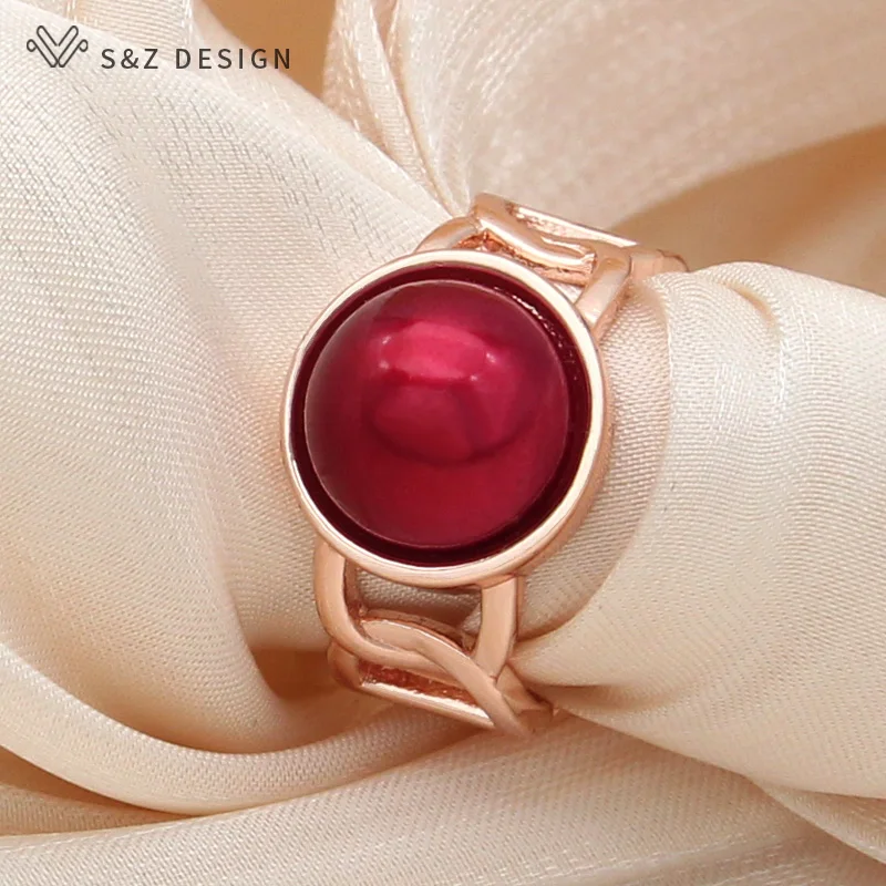 S&Z DESIGN New Fashion 585 Rose Gold Color Round Simulated-pearl Resizable Rings For Women Girl Wedding Party Jewelry Gift
