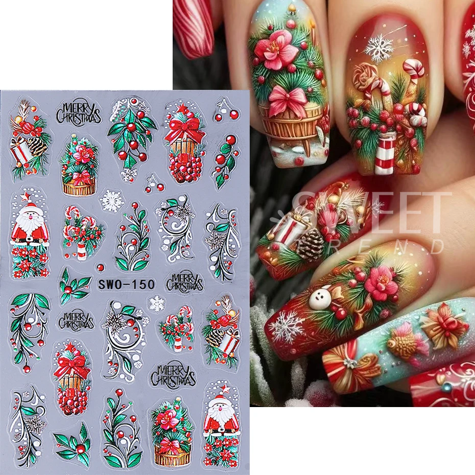 2pcs Embossed Christmas Nail Stickers 3D Cute Penguin Elk Snowflake Holly Nail Decals New Year Manicure Decoration Nail Supplies