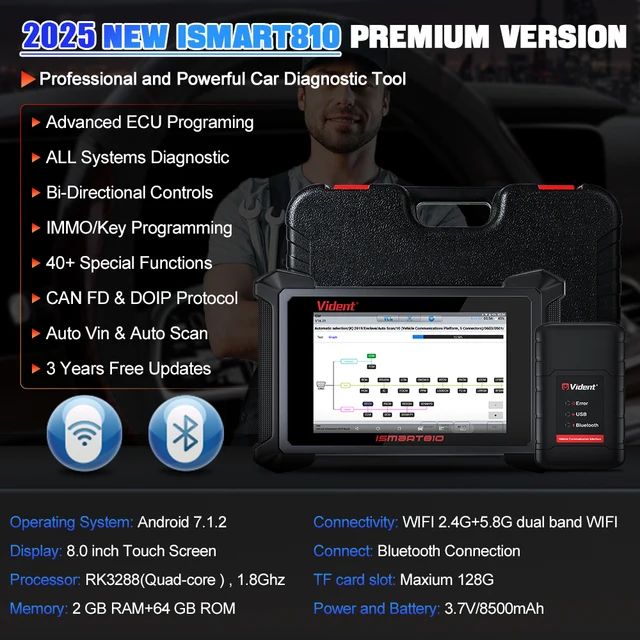 2025 VIDENT iSmart810 Car Diagnostic Tool Topology Map Scanner Bidirectional Scan Tool ECU Coding Key Programming 40 Resets 2