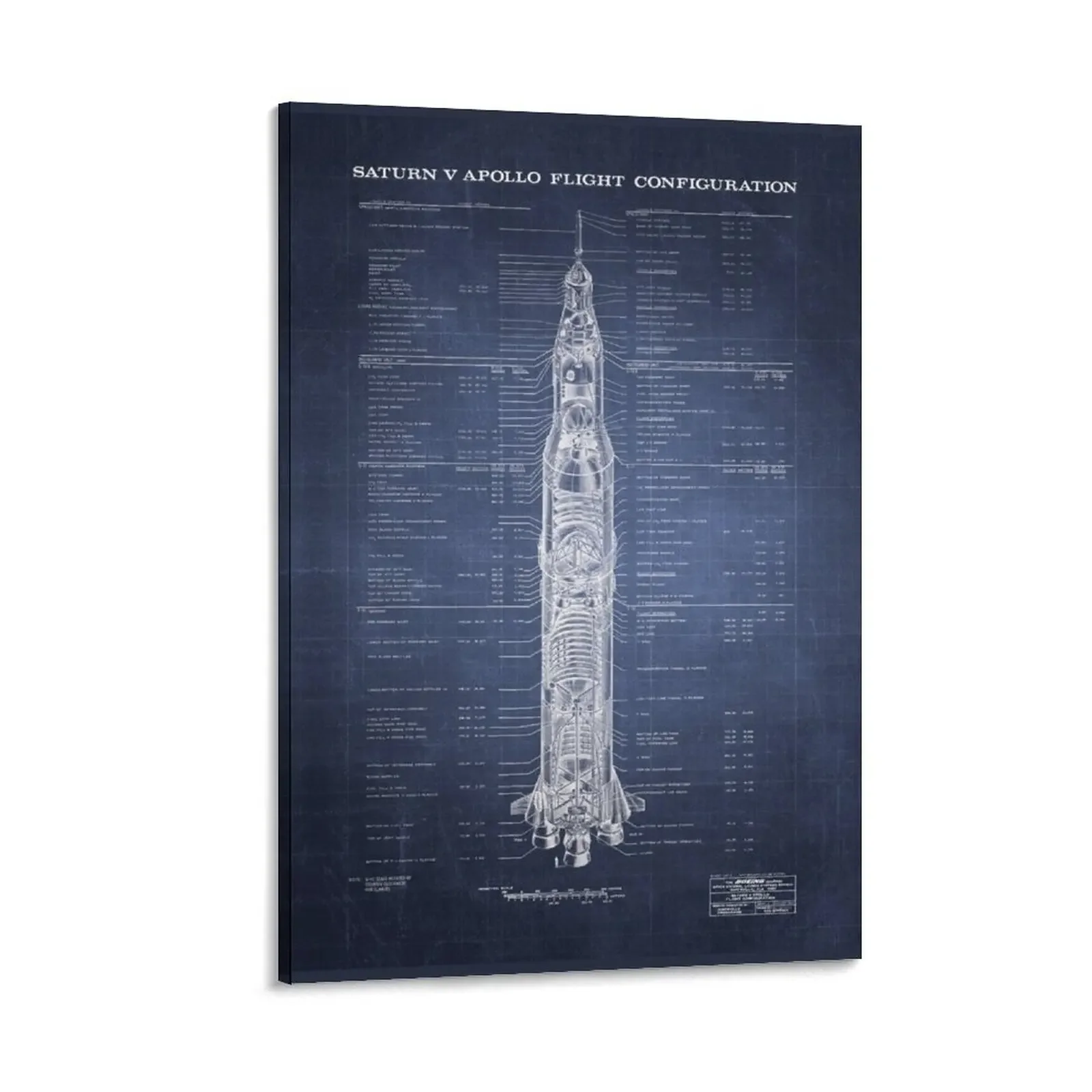 Apollo Saturn V Blueprint In Pittura Su Tela Ad Alta Risoluzione (Blu Scuro)