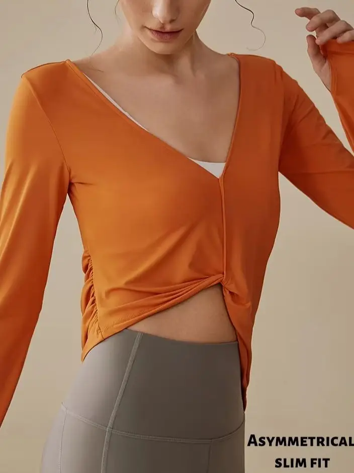 여성용 긴팔 요가탑 - 가을 컬렉션, V넥 스포츠탑, 경량, 전문 러닝, 피트니스 필라테스 트레이닝 티셔츠