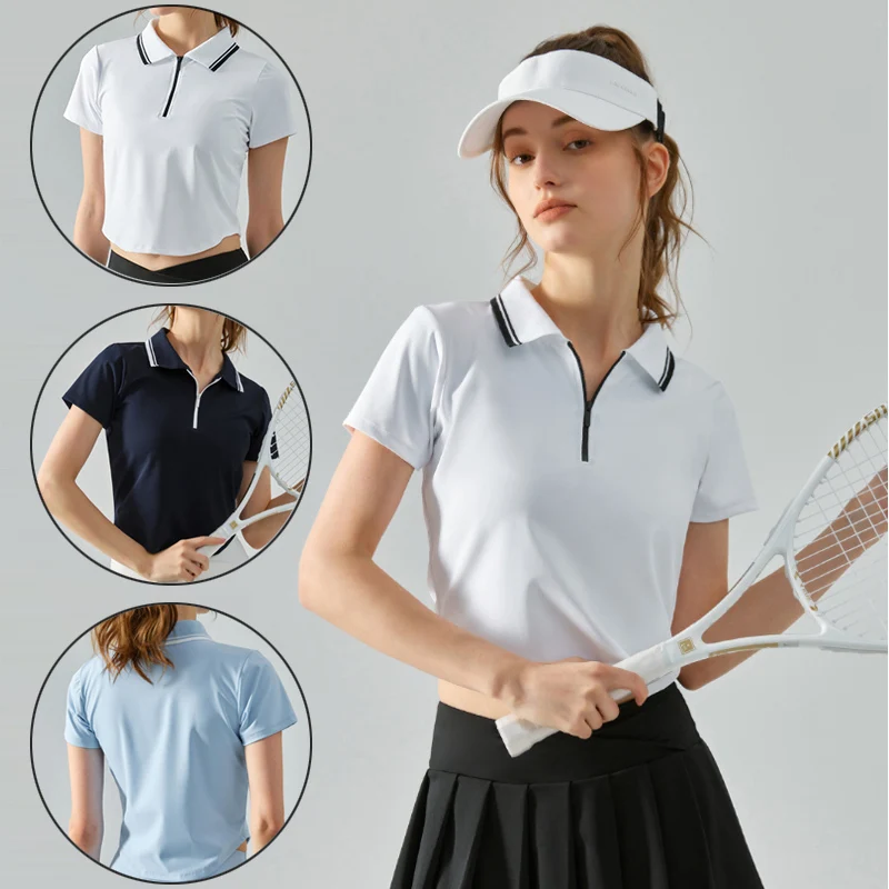 Women Zipper Polo Tennis Shirt Ladies Slim Short Sleeve Badminton T-shirt Women Breathable Athletic Workout Tops Casual Blouse