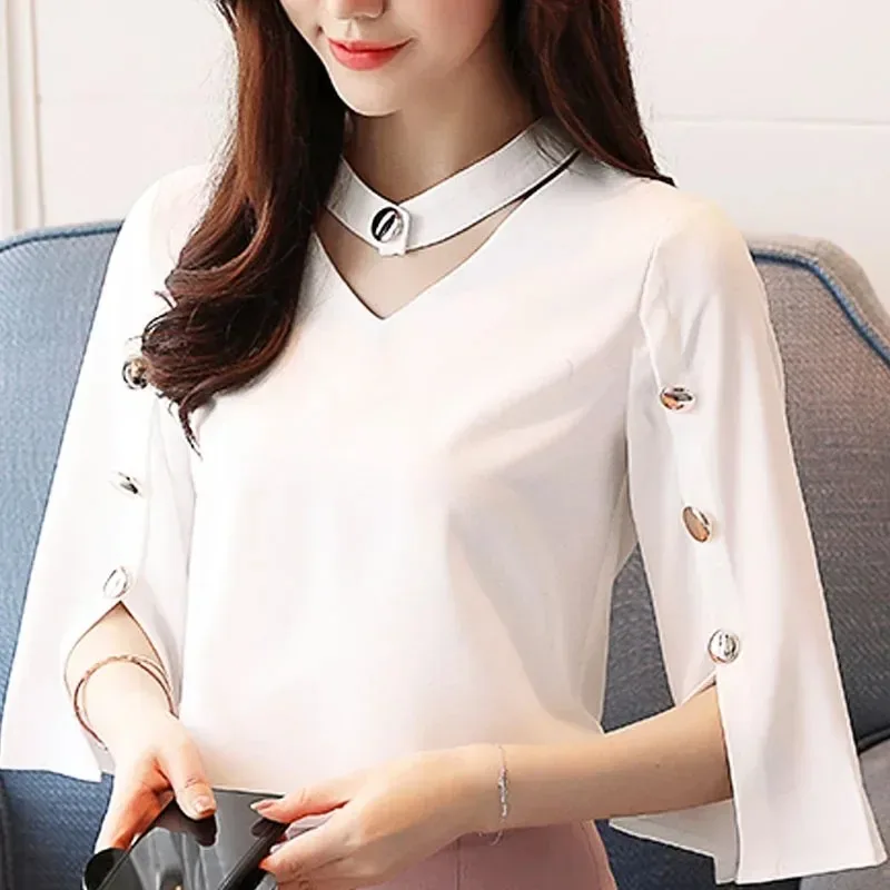 Summer and Autumn Casual Ladies Three-Sleeve White Shirt V-Neck Button Decorative Casual Office Chiffon Blouse 2994 50