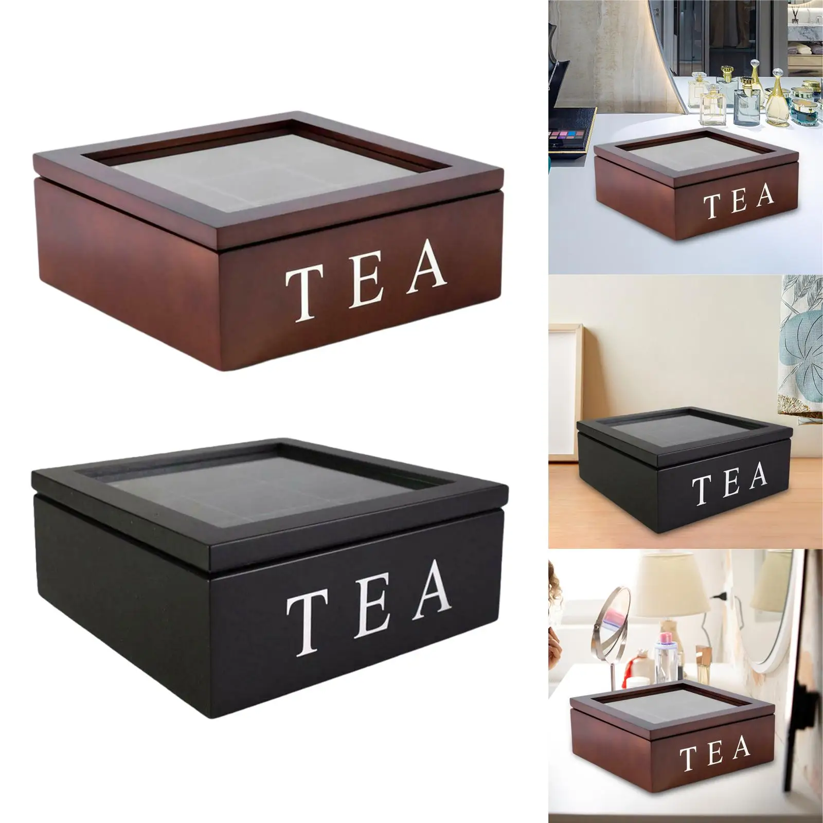 Tea Tin Box Tea Canister Airtight Container Wooden Tea Box with Viewing Window with Lid Home Tea Bag Box for Assorted Teas and Condiments Instant Coffee Packets Creamers