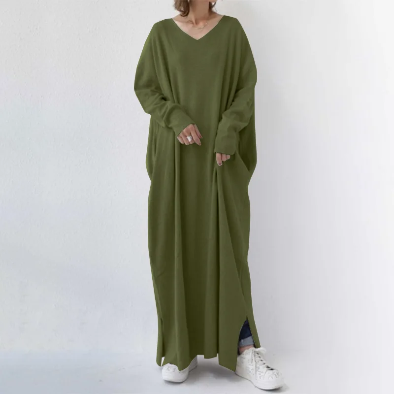 Spring 2022 Muslim Abayat Dress Simple Urban Casual Underwear Knitted Long-sleeved V-neck Large Swing Women's Dress