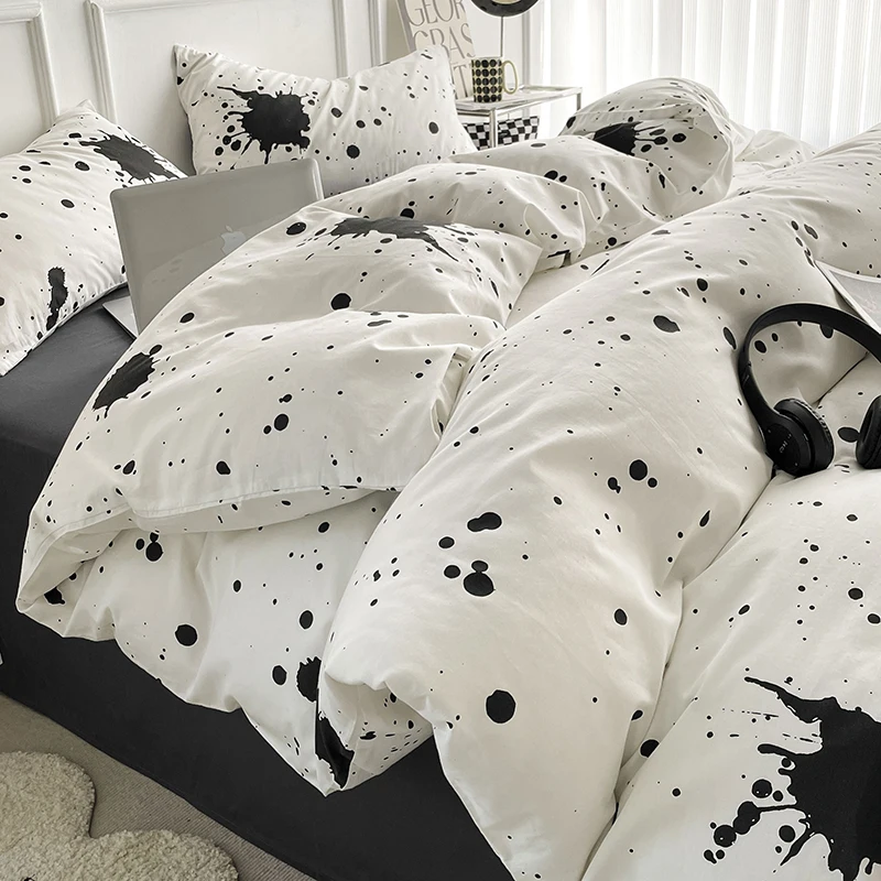 

Washed Cotton Bedding Set for Adult Men, Nordic Style, Black and White Duvet Cover, Pillowcase, Bed Linens, Twin, Full, King