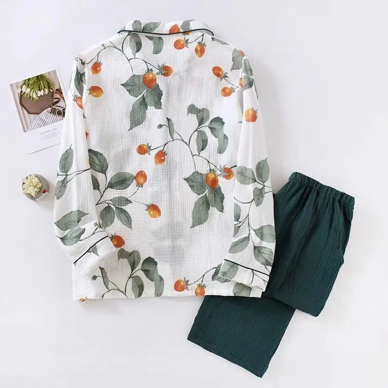 Big Size Sleepwear Women Spring Autumn Cotton Pajamas Set Long Sleeve Button Cardigan Pants Homewear Prints Loungewear Pajamas