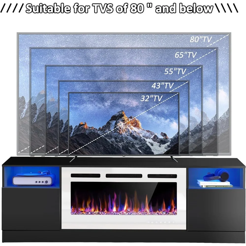 70inch Fireplace TV Stand for TVs Up to 80" with 36" Electric Fireplace,TV Console for The Living Room,Media Console Table，Black 4