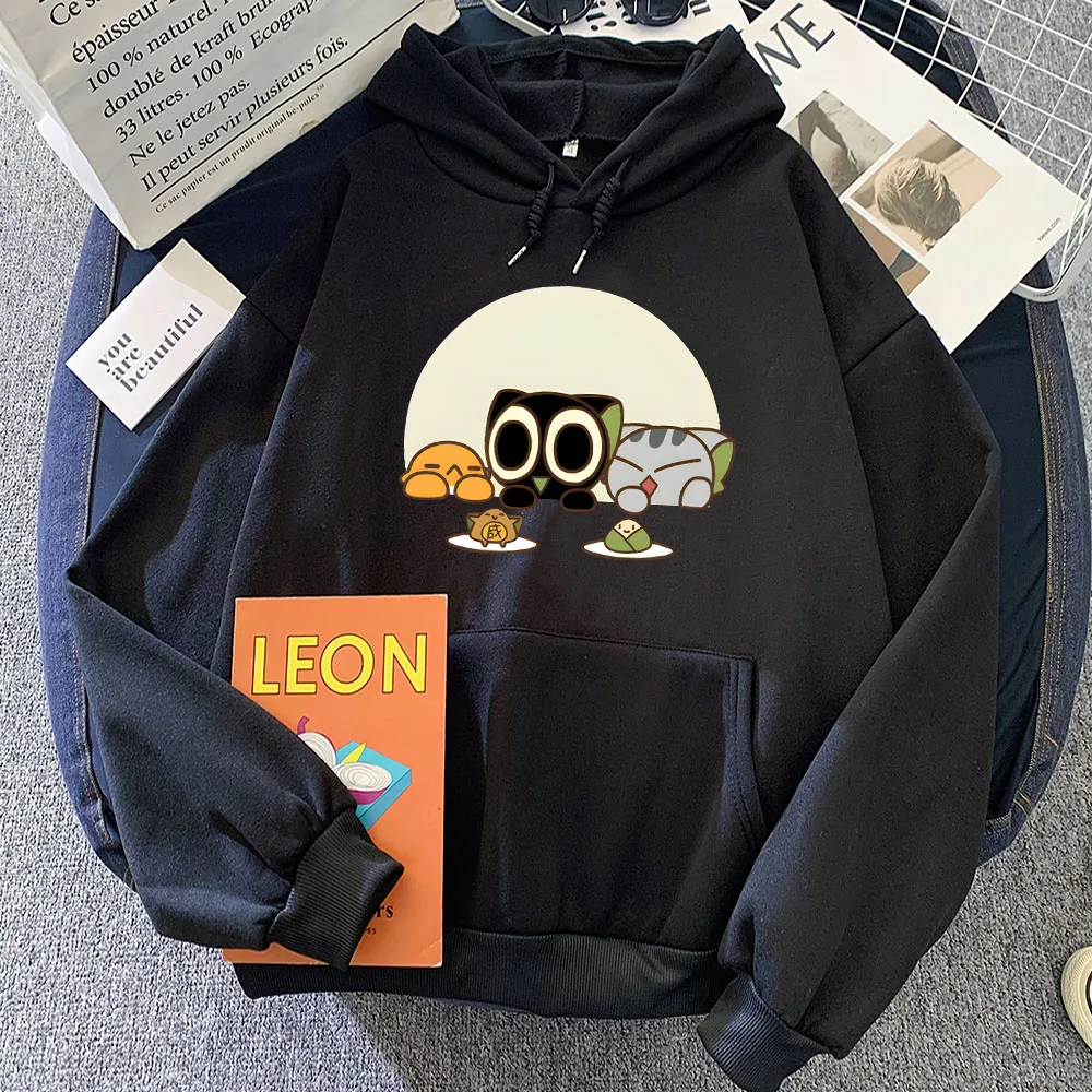 

Luo Xiao Hei Cat Cartoon Printing Hoodies Winter Fleece Kawaii Printing Sweatshirts Streetwear Casual Women Comfortable Pullover