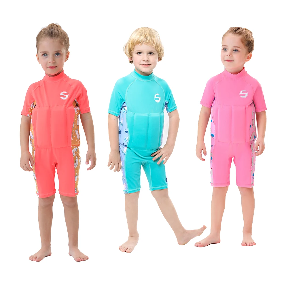 Children's Buoyancy Swimsuit Short Sleeves Warm Sunscreen Quick Dryig One Piece Swimwear Kids Diving Surfing Swimming Beach Wear children swimwear,swimsuit one piece