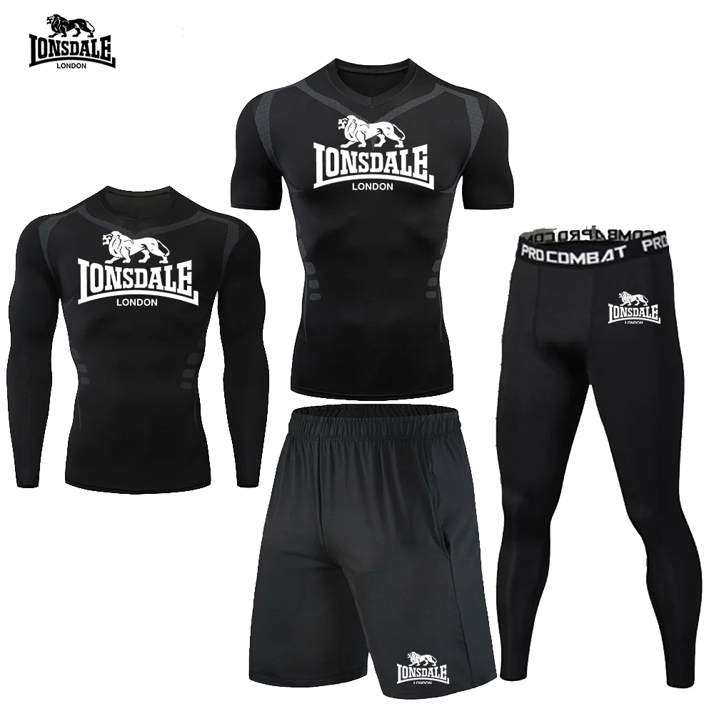 LONSDALE 4피스 스포츠웨어 짐 타이트 핏 티셔츠 피트니스 러닝 세트 조깅 스포츠웨어 남성 트랙수트 브랜드 래쉬가드 세트