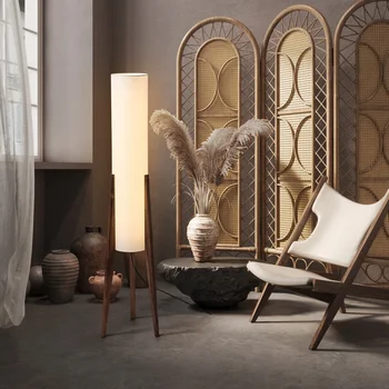 Japanese Retro Wabi-sabi Solid Wood Floor Lamp Study Hotel Art Decorative Corner Standing Lamp Living Room Bedroom Cafe E27 Lamp 2