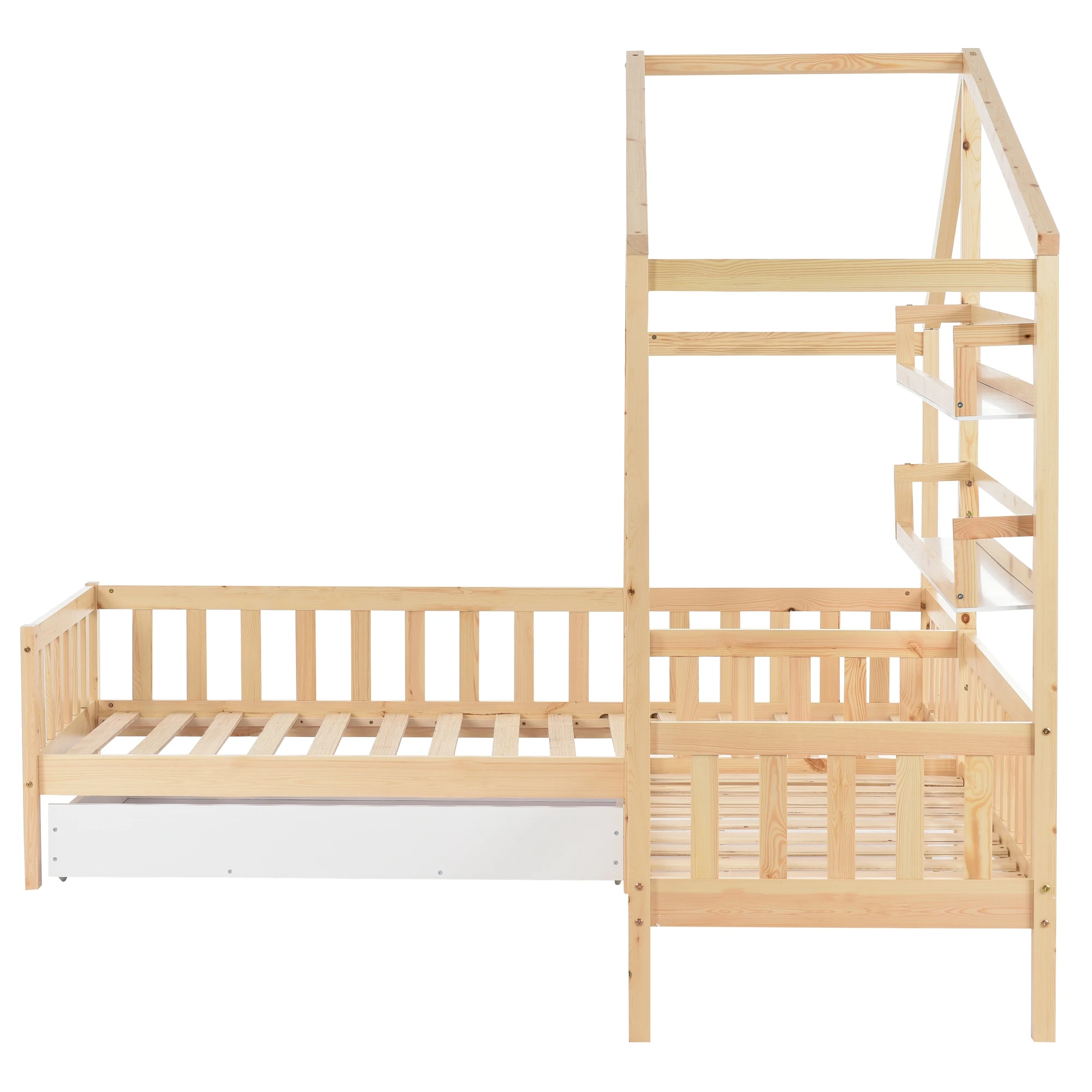 Kinderhausbett mit Schubladen und Regalen, Massivholz mit Zaun und Lattenrost, L-Form, naturfarben (90x200 cm+140x70cm) – Detail 14