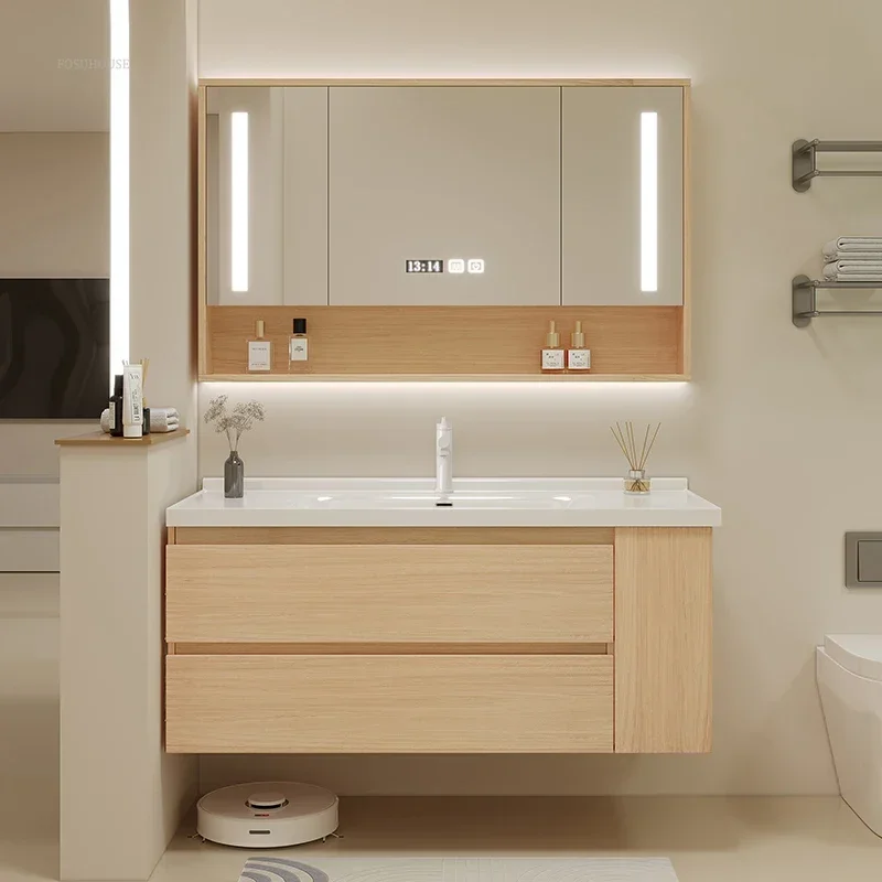 Nordic Bathroom Sink Cabinet Modern Home Furniture Smart Ceramic Integrated Washbasin Mirror Cabinets Combination b