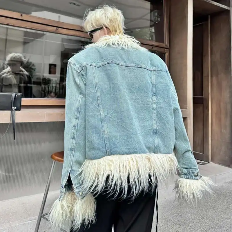 LUZHEN High End Faux Fur Original Designer New 2024 Winter Denim Jackets Wool Patchwork Color Contrast Men's Streetwear LZ7681 3