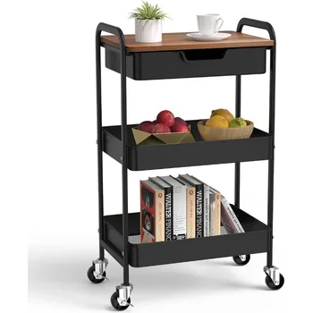 3 Tier Rolling Cart with Drawer, Metal Utility Cart on Wheels Storage Cart with Wood Top, Kitchen Cart Art Cart Organizer 1