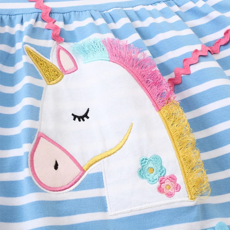New Princess Girls Dresses Summer Flying Sleeve Kids Dress Striped Unicorn Baby Party Birthday Dresses Cotton Children Clothing