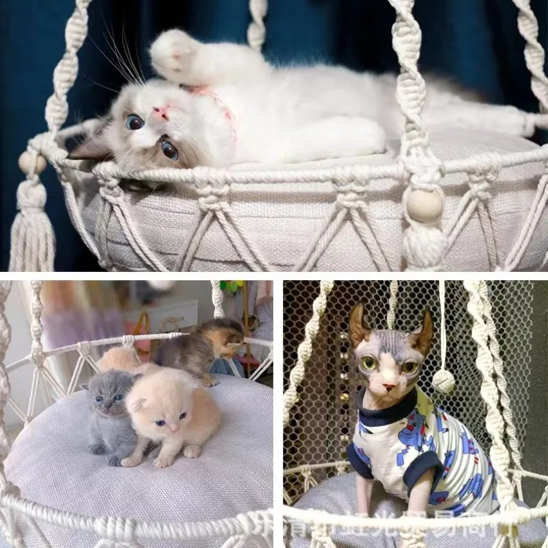 New Pet Hammock Cat Swing Hand Woven Cotton Rope Cats Hanging Basket Kitten Hanging String Den Indoor Pend Nest Pets Supplies 5
