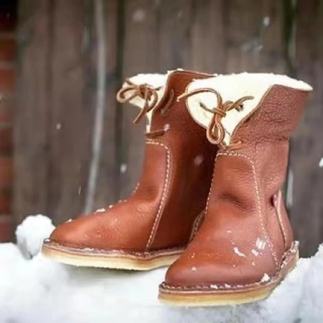 Stivali da neve caldi con lacci Casual da donna scarpe invernali da donna con  tacco basso foderato in pile di pelle PU - AliExpress