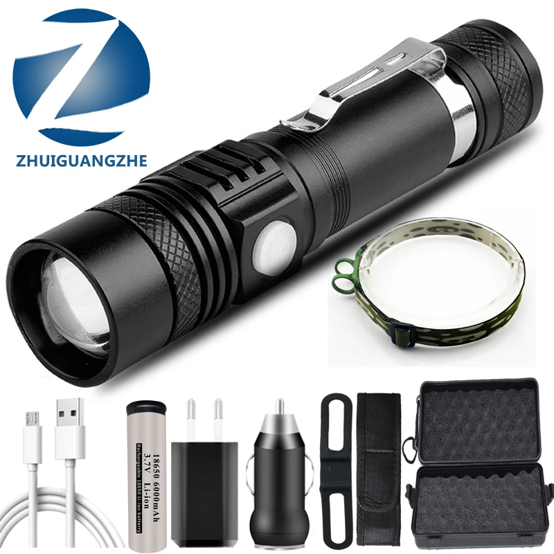 

Ultra Bright LED Flashlight XP-L V6 LED lamp beads 4 lighting modes Torch Zoomable Waterproof Multi-function USB charging Lanter