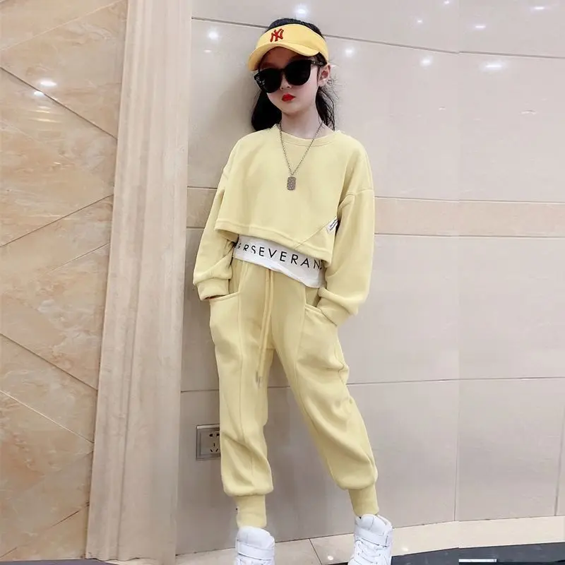 

2023 Girls Spring and Autumn Suit Children's Casual Sports Sweatshirt Sets Two-Piece False 2 Pcs Top + Pant Suits kids