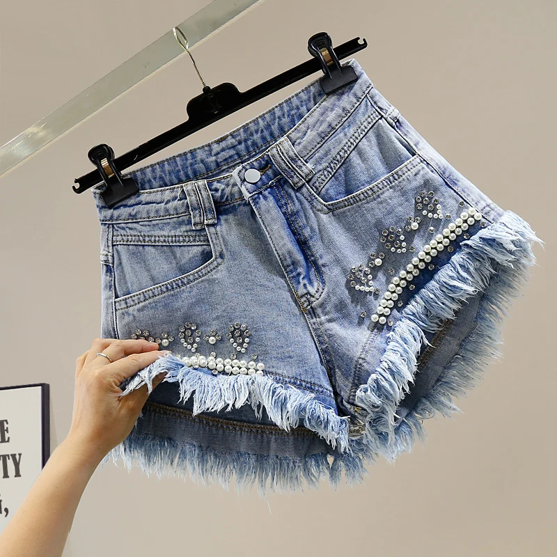 Chic Beads Diamond Irregular Raw Hem Wide-Leg A- Line Denim Shorts Hot Pants Women Korean High Waist Slimming Pink Shorts Jeans
