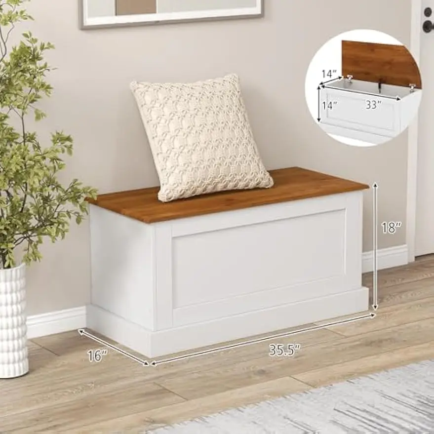 35.5” Storage Bench, Lift Top Storage Box with Metal Hinges, Entryway Storage Chest with Safety Hydraulic Strut, Large Farmhouse