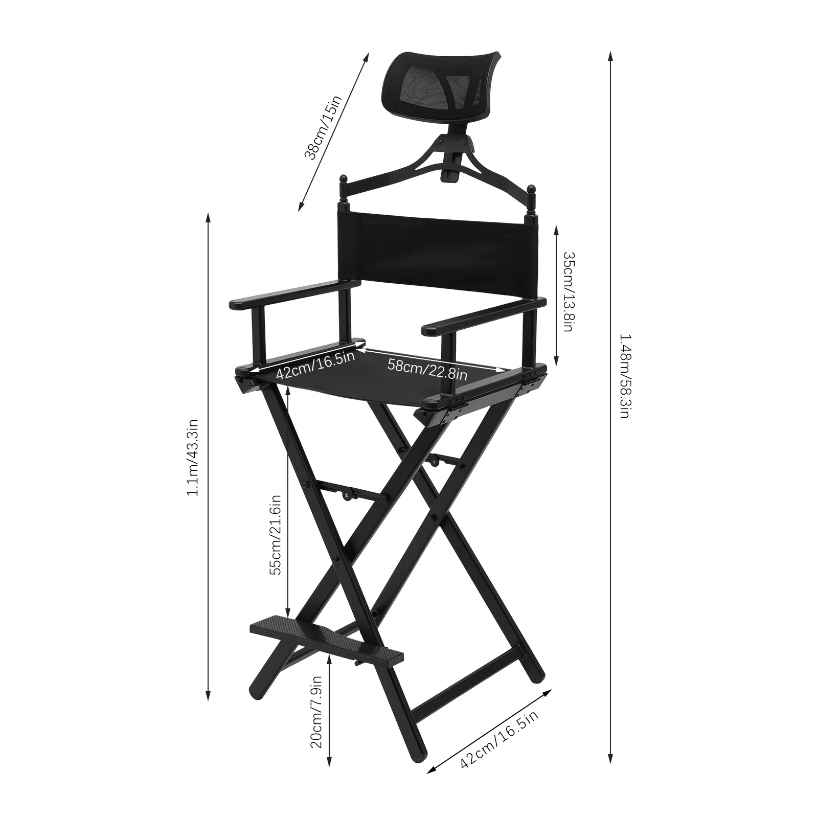 Foldable Makeup Artist Stool Chair Protable Tall Folding Directors Chair Aluminum Makeup with Head Rest for Studio Salon V